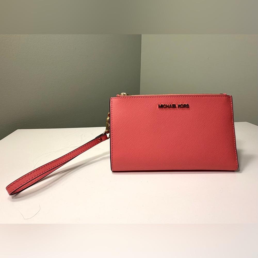 Michael Kors Pink Coral Saffiano Leather Wristlet Wallet